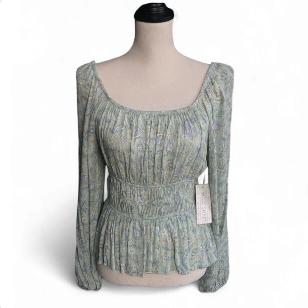 WILD SKYE Green Paisley Blouse boho size small